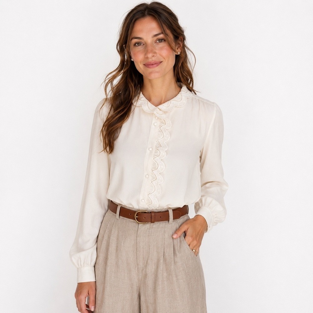 SEZANE Ecru Silk Chlo Chloe Blouse Button Up Shirt Size US 6 EU 38 Long Sleeve